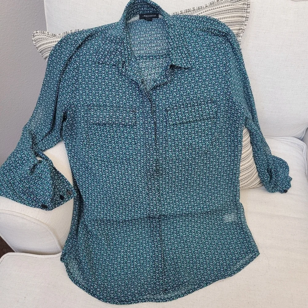 NEW I Heart Ronson Long Sleeve Sheer Blouse XS Teal - Picture 1 of 4